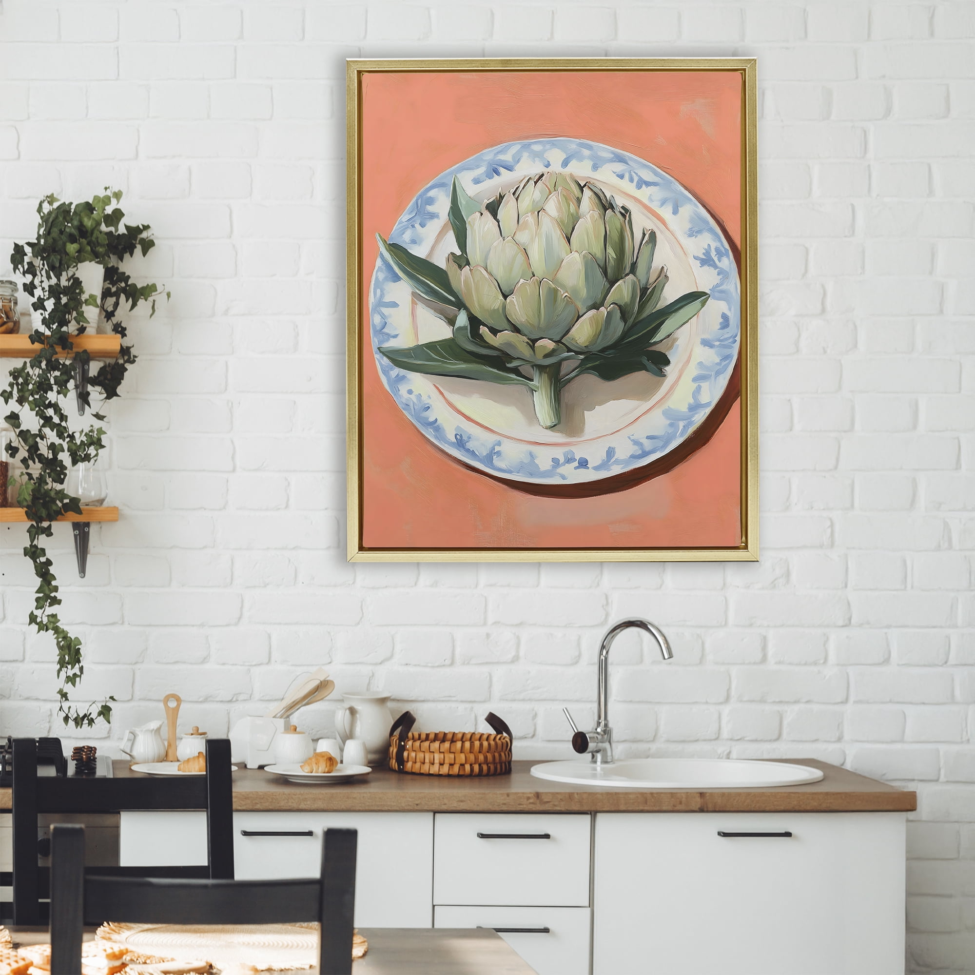 Stupell Industries Retro Artichoke over Orange Gold Framed Floater Canvas Wall Art, design by The Prints Vibe