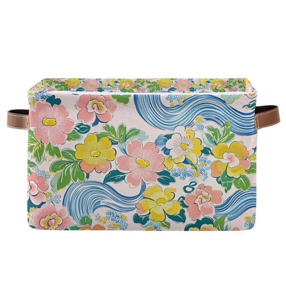 Yayeee Canvas Storage Basket with Handles for Shelves Fabric Bins Closet Organizer, Blue Floral Wave