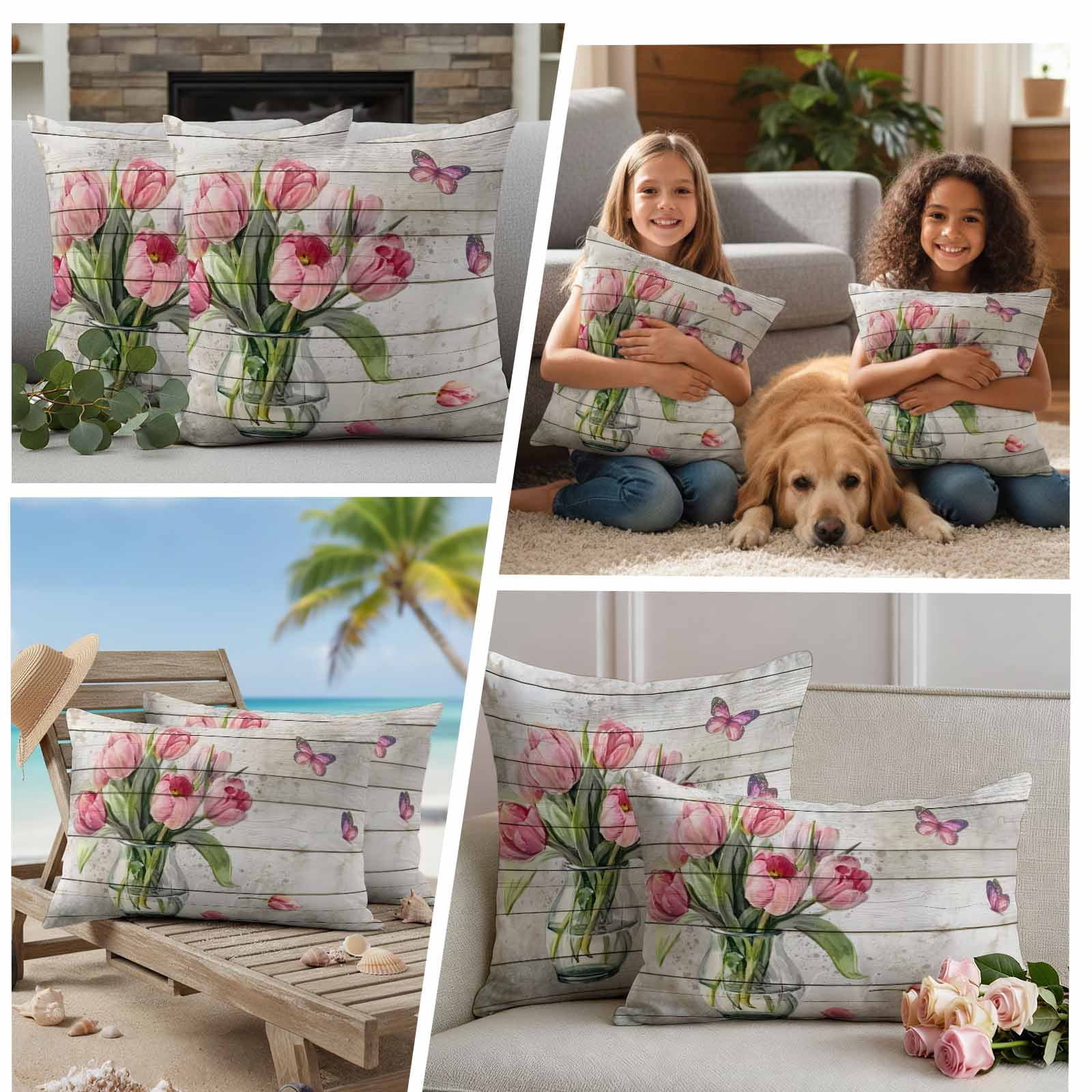 Pink Tulip Outdoor Waterproof Pillow Covers, Vintage Spring Floral Retro Art Butterfly Wooden Decorative Square Throw Pillowcase Sofa Cushion Sham for Patio/Couch/Chair, 24"x24" 2 Pack