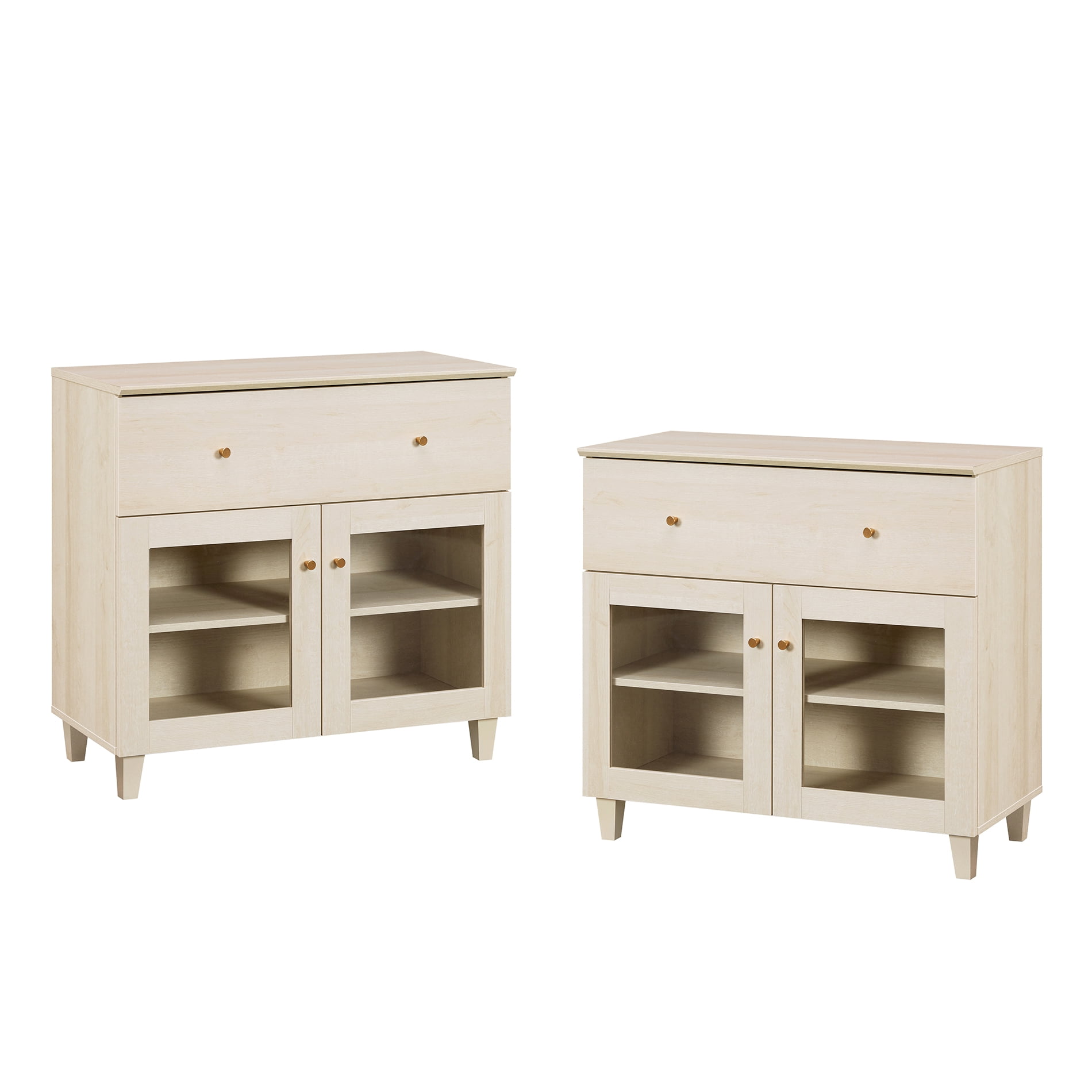 Large Bedroom Nightstands with Glass Doors - Set of 2, Bedside Table with Drawer, Shelf and Cable Management, White Oak