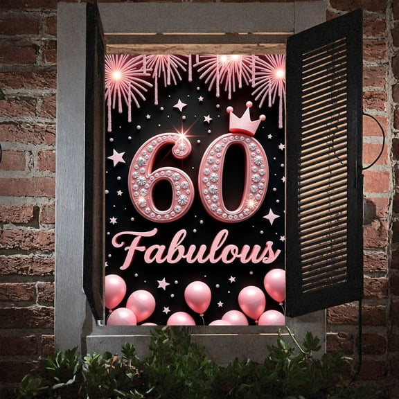 Pink Theme 60th Birthday Banner Decor Fabulous Display Crown Design Sparkle Style Backdrop for 60th Birthday Party Adult Celebration Luxury Event