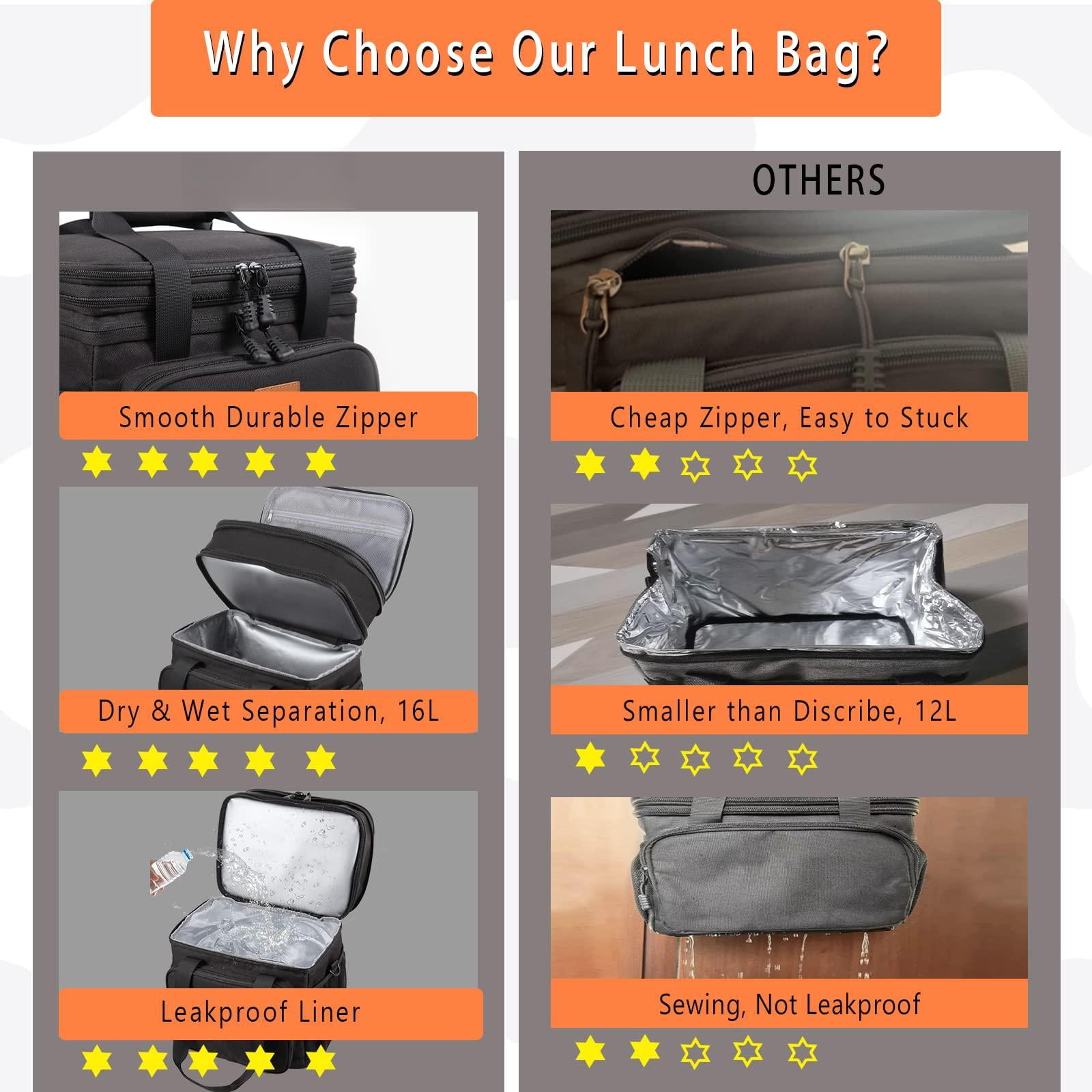 Expandable Insulated Large Lunch Box  Double Deck Heavy Duty Durable Bag Leakproof Cooler Bags For Men Women Adults Work Shift Flight Beach Daytrip 20 Can Black