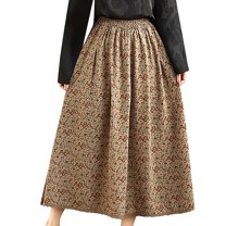 Beige Juniors Floral Print Loose Fit Faux Gauze Linen Skirt for Women Maxi Long Midi Knee High Lounge Boho Ruched with Slit 2025 Soft Comfy Clothes Trendy XL