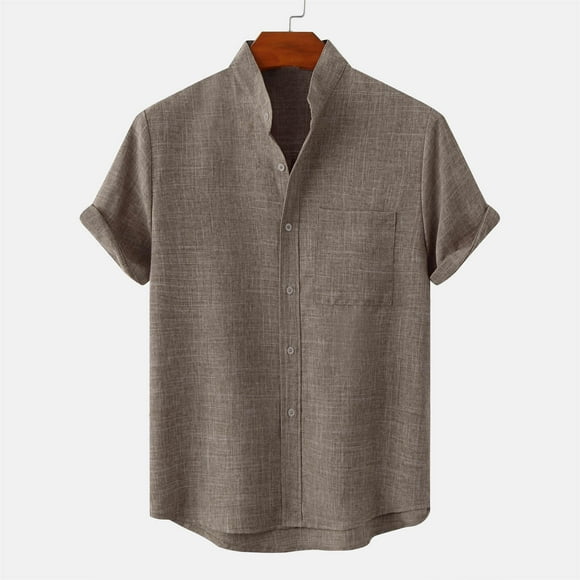 RXIRUCGD Men's Mens Shirts Round Neck Pocket Button Solid Cotton Linen Short Sleeve Shirt