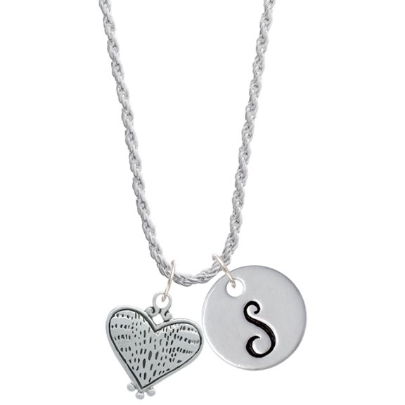 Delight Jewelry Antiqued Alligator Print Heart Silvertone Script Initial Disc - S - Charm Necklace, 20"+3"