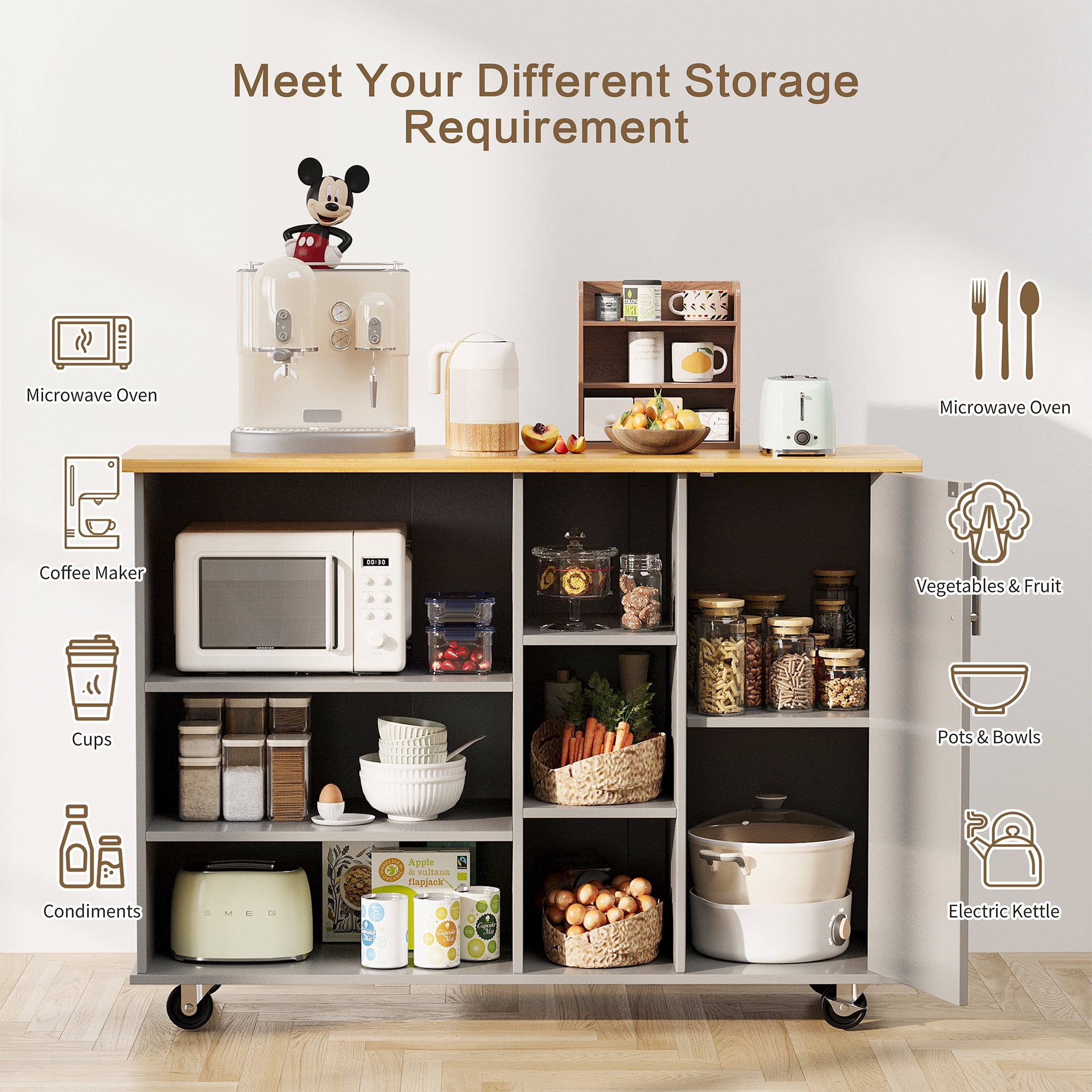 Walsunny Kitchen Island on Wheels with Storage Cabinet & Drawer, 47.4" Large Kitchen Cabinet with Open Shelves Grey