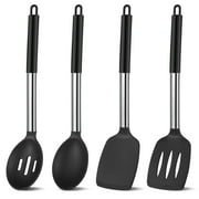 sixwipe Silicone Cooking Spatulas and Spoons, 4 Pack Heat Resistant Silicone Cooking Utensils Set, Non-stick Large Kitchen Silicone Spatula and Spoons for Cooking, Mixing, Serving, Draining(Black)