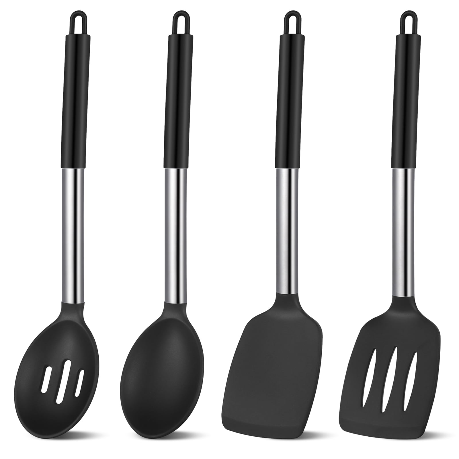 sixwipe 4-Pack Silicone Cooking Utensils Set - Heat Resistant Non-Stick Kitchen Spatula & Spoon Set, Large Soup Ladle, Slotted Spoon & Solid Turner for Mixing, Serving, Cooking