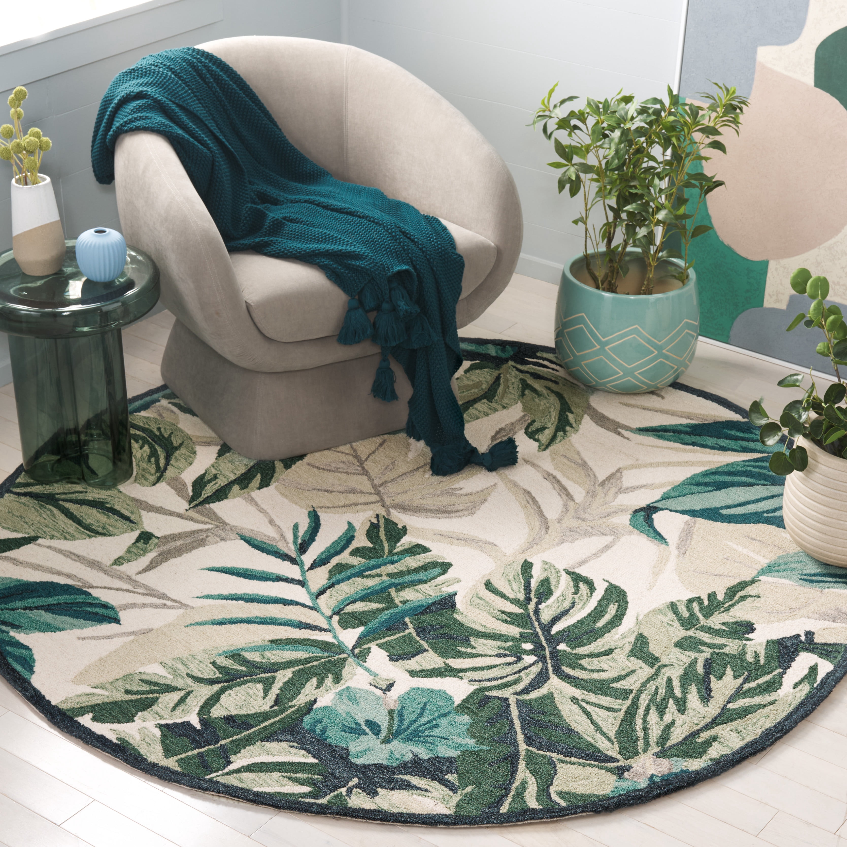 SAFAVIEH Blossom Wendell Leaves Area Rug, Ivory/Green, 6' x 6' Round
