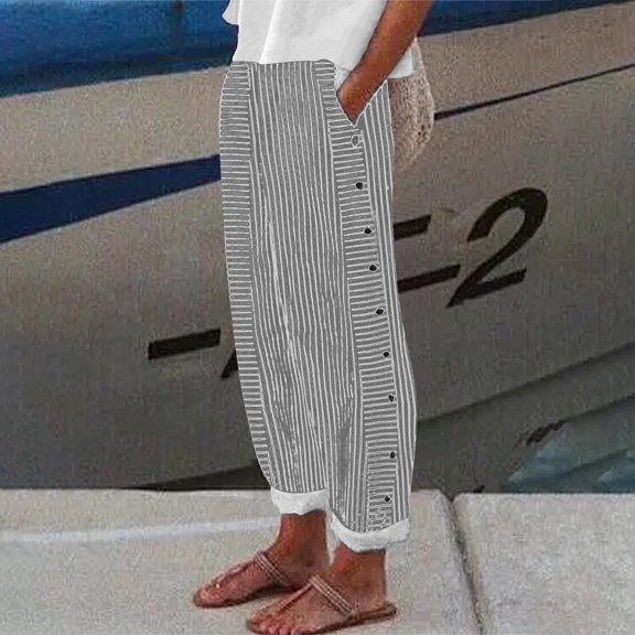 HOT SALE!!2025 New Linen Pants Women Women's Casual Pants Striped Side Button Elastic Waist Trendy Pants Straight Leg Baggy Trousers with Pocket Womens Linen Loose Pants Black L