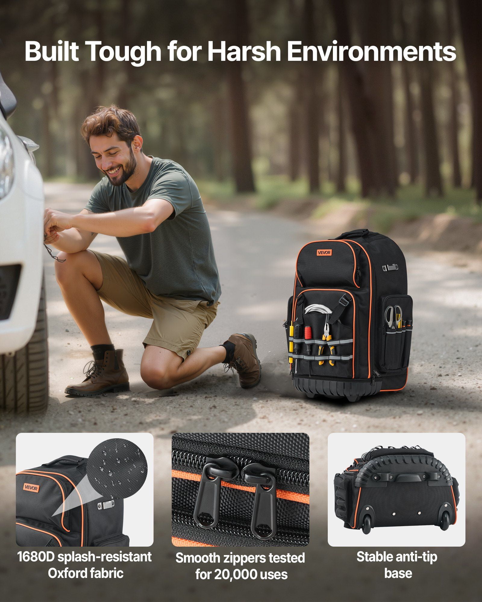 Rolling Tool Backpack with 72 Pockets Heavy Duty 2-in-1 Roller Tool Bag on Wheels, Adjustable Aluminum Handle, Water-Resistant Oxford Fabric, Large Capacity 110 lbs, Smooth Mobility for Electricians