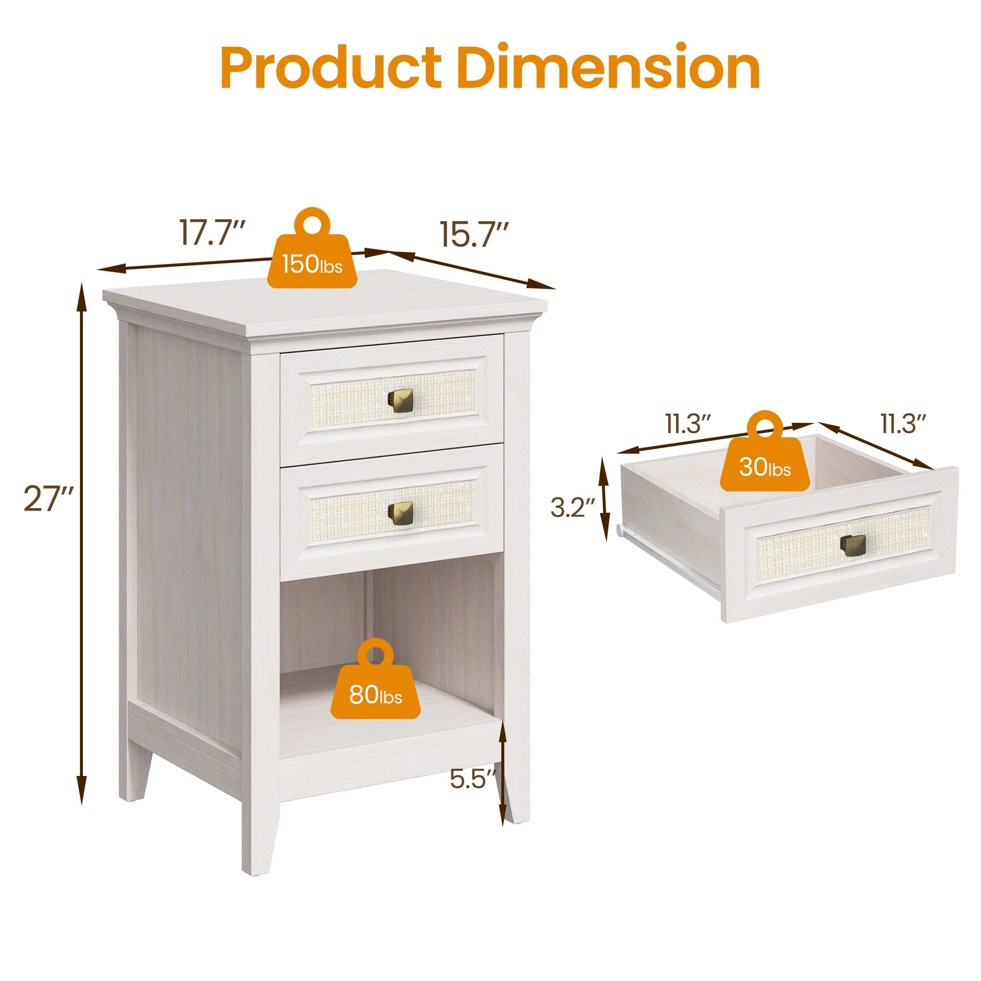 Mintazer Farmhouse Rattan Nightstand, Bedside Table with 2 Drawer & Open Storage Compartment, Accent End Table for Bedroom & Living Room, White
