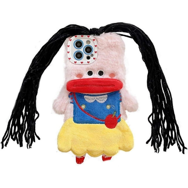 fluffy phone case compatible with iPhone 14 pro max,fluffy plush phone case with DIY girl braids,Teen Girls Phone Case for iphone14promax (Snow White)