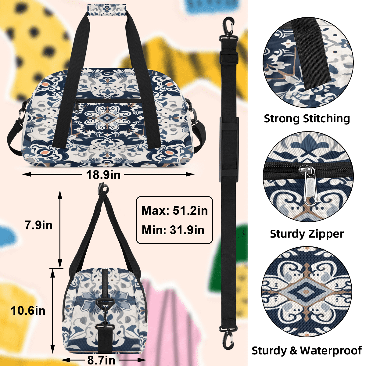Herdesigns Boho Bohemian Sports Duffle Bag for Women & Men, Vintage Floral Gym Bag Dance Bag Overnight Bag Carry On Weekender Travel Bag