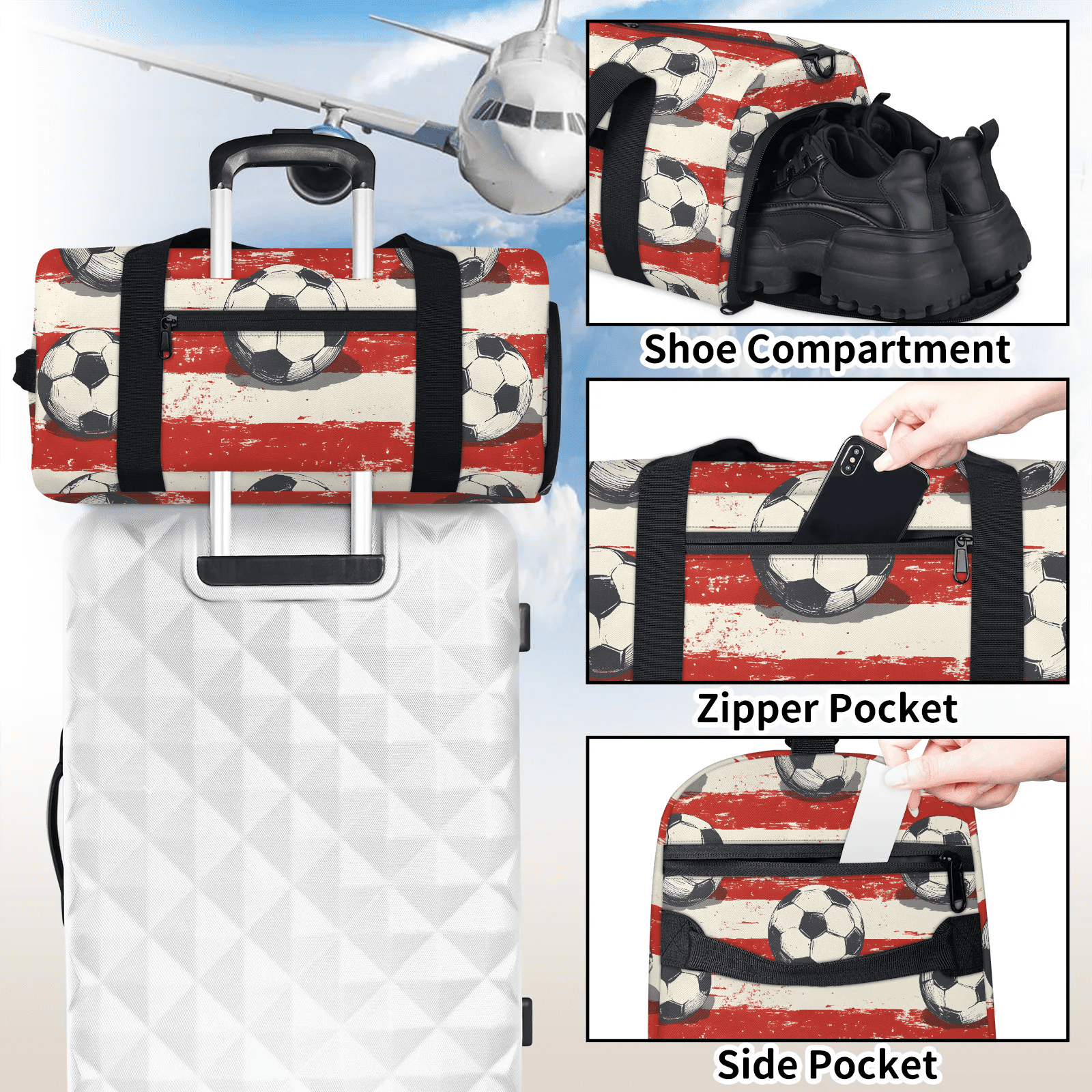 Travel Duffel Bag for Sports Gear, Weekender Carry-On Bag with Shoe Compartment, 17.72x9.06x8.46 Inches, Soccer Ball Print