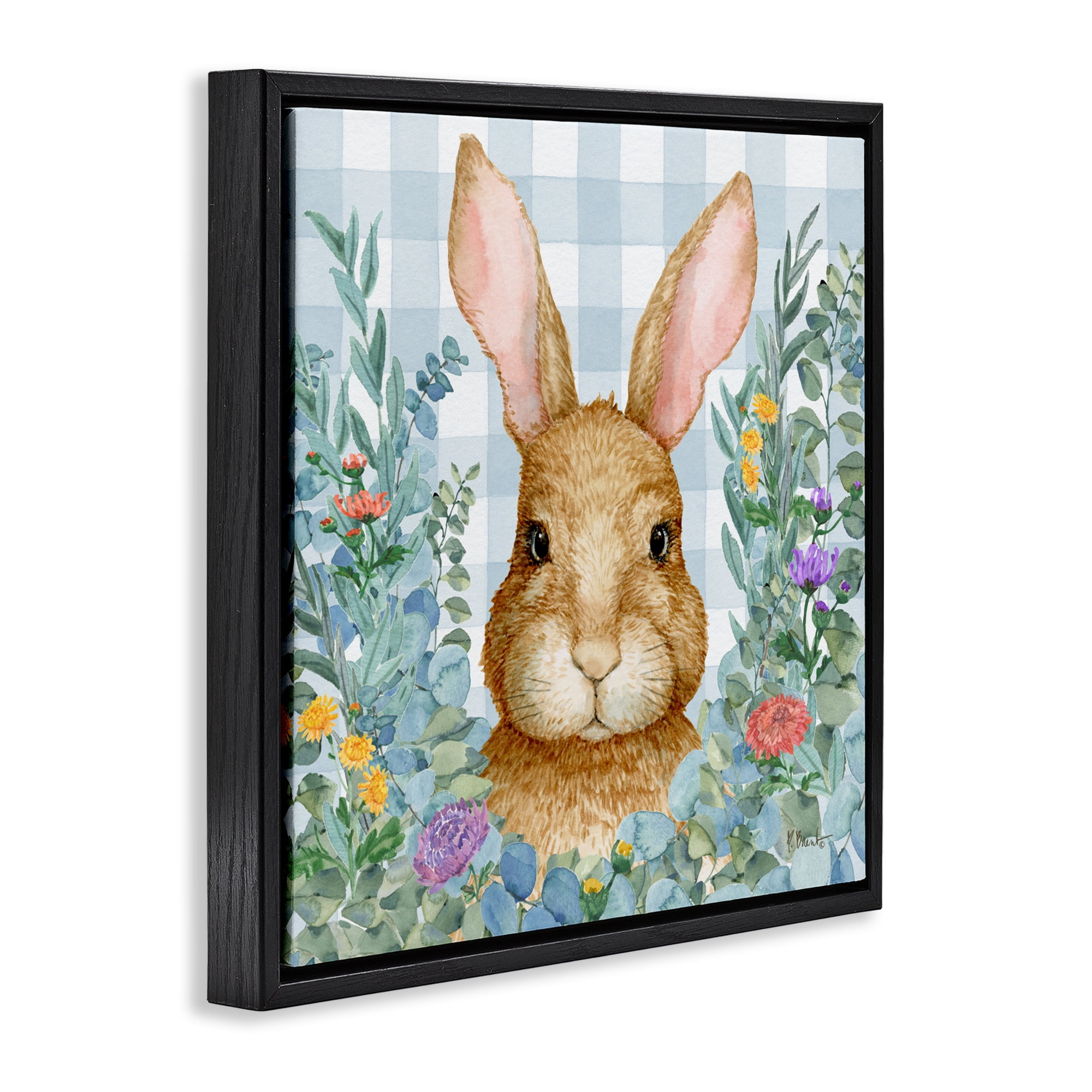 Stupell Industries Rabbit Laurel on Gingham Black Framed Floater Canvas Wall Art, design by Paul Brent