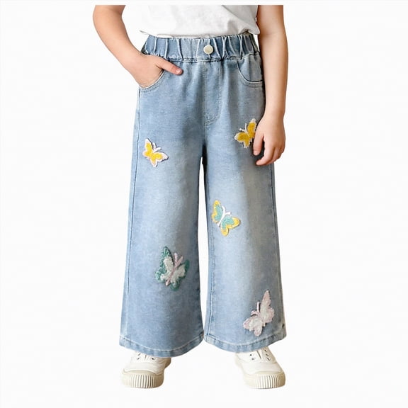 kpoplk Toddler Little Girls Embroidery Barrel Jeans Kids Casual Denim Joggers Soft Relax Fit Ankle Length Trousers(Blue,9-10 Y)