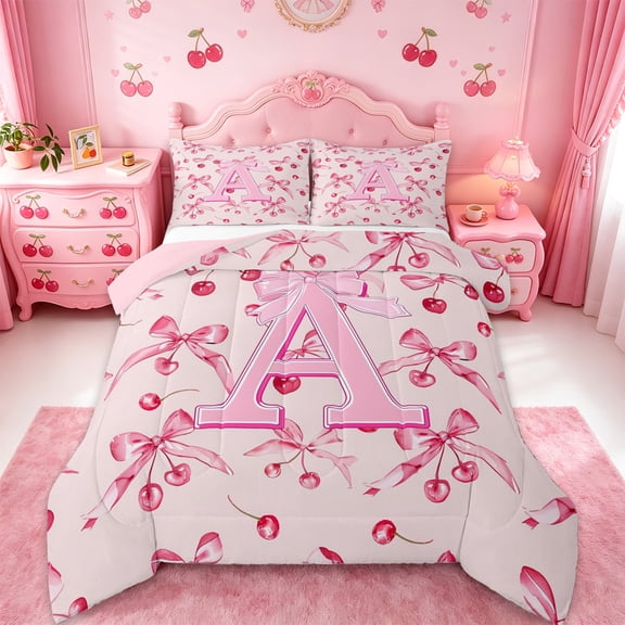 Manfei Pink Cherry Bow Full Size Comforter Sets For Girls,Cartoon 3D Letter A Initial Bedding Sets For Kids,Pink Reversible,3 Pieces