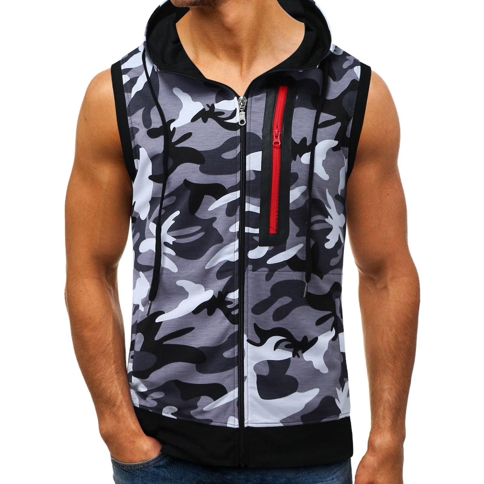 iHAZA Camouflage Hoodie Vest Mens Summer Casual Hooded Sleeveless Top Blouse 