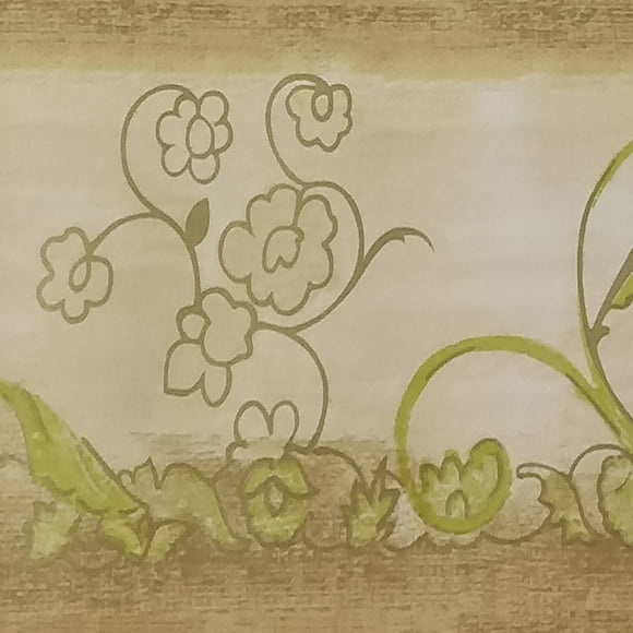 Peel and Stick Abstract Green Flowers Vines Damask Beige Wallpaper Border Retro Design, Roll 33 ft. x 4 in., Self Adhesive
