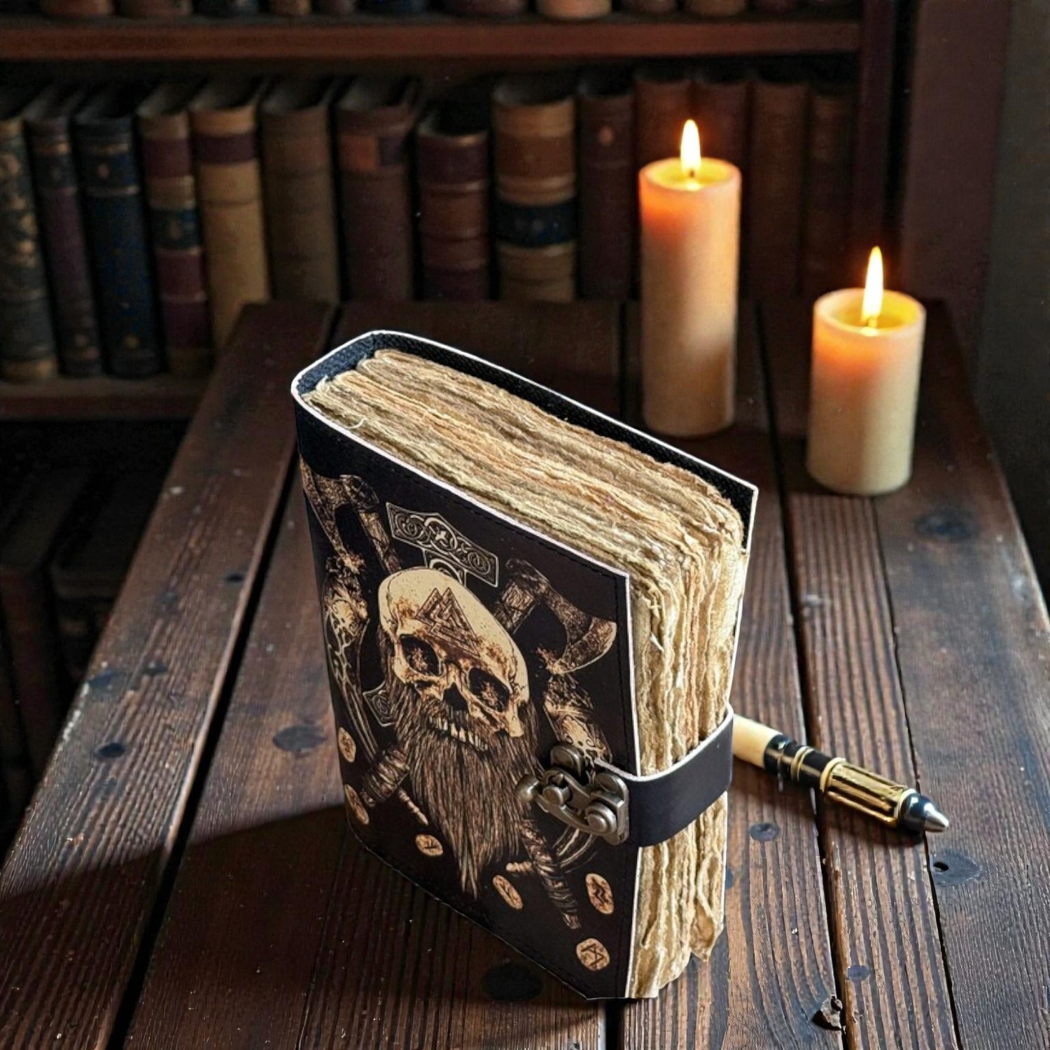 Handmade Viking Leather Journal 5x7 Inches – Warrior Skull Notebook with Axes & Runes, 200 Deckle-Edge Pages, Vintage Lock, Rustic Medieval Diary