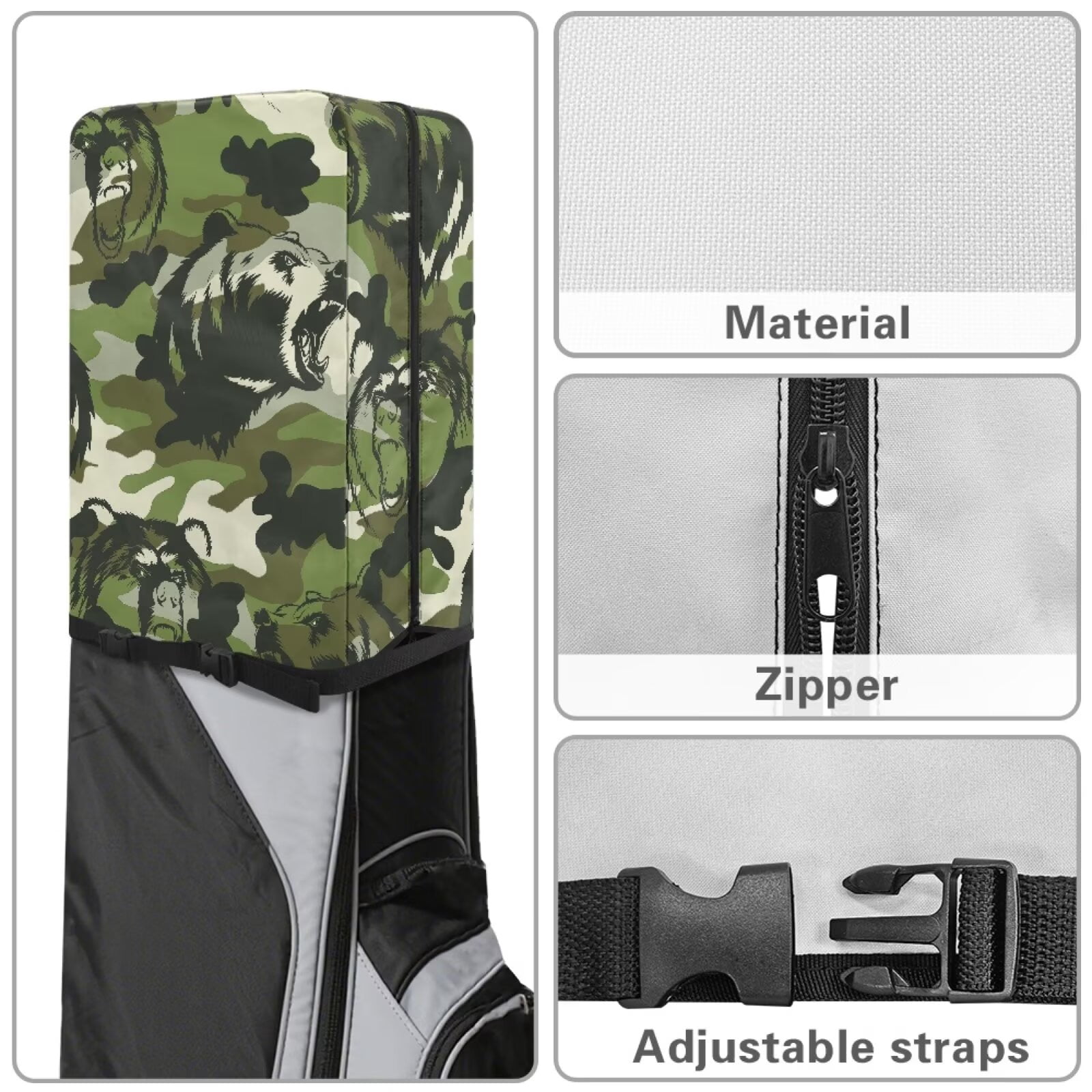 Chririnla Camo Bear Hood Golf Bag Cover Waterproof Rain Cape Dust Protection Cover for Clubs, Fits Most Stand Bags, Cart Bags & Tour Bags