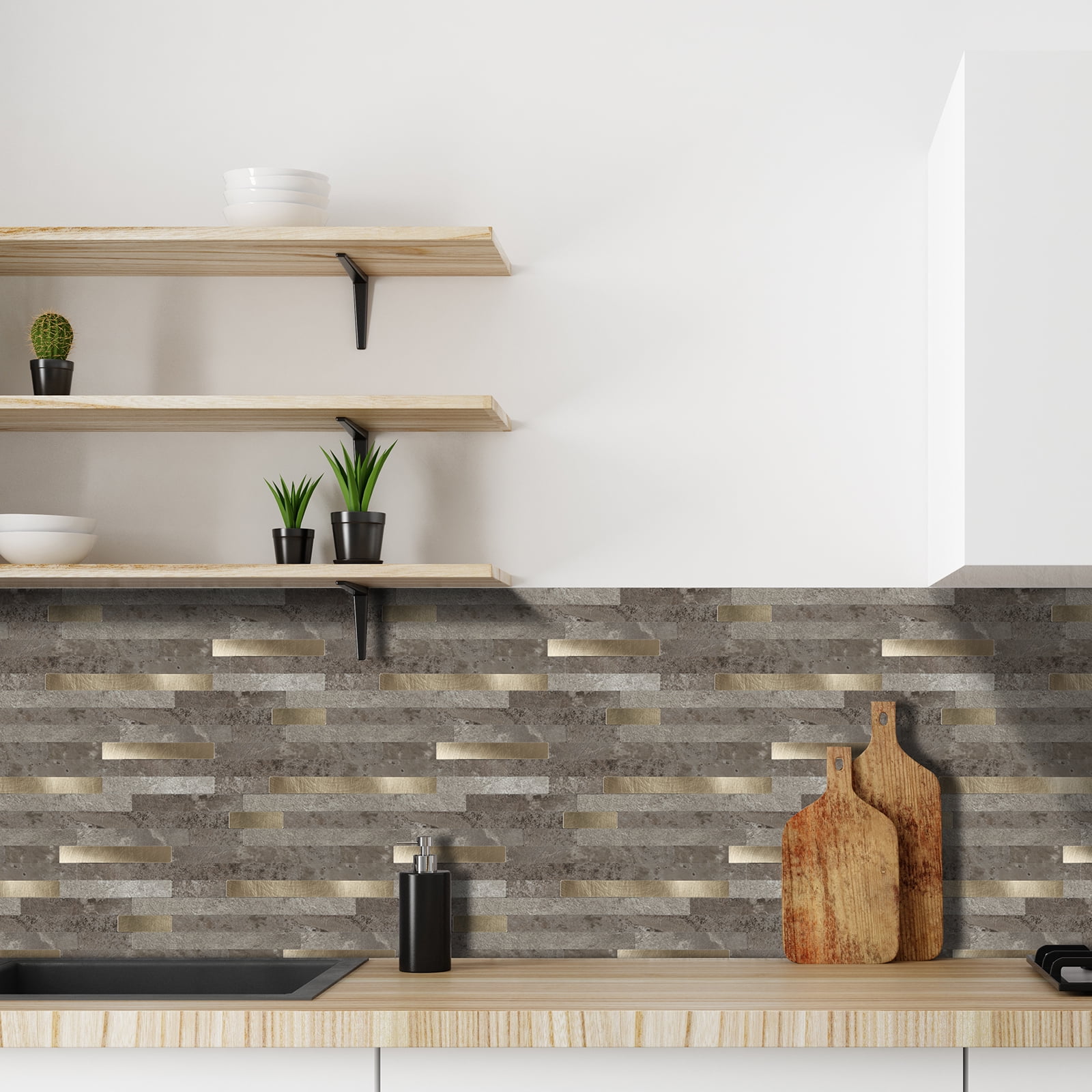 12-Sheet Peel and Stick Backsplash Tiles, Faux Marble Linear Wall Tiles Stick on Backsplash for Kitchen Bathroom Fireplace RV (11.57" x 4.13", Light Brown)