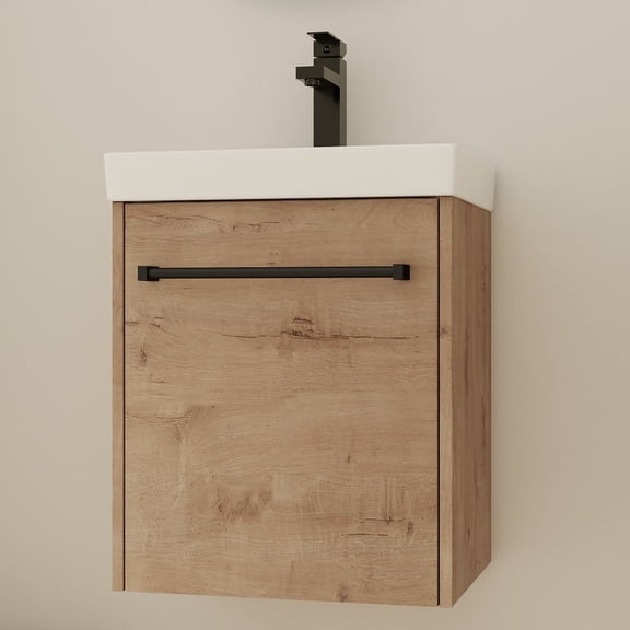 Tcbosik Floating Vanity Sink Combo, 18" Wall Mounted Vanity Cabinet with Towel Hanger & Soft Close Door for Small Space Bathroom Washroom, Light Oak