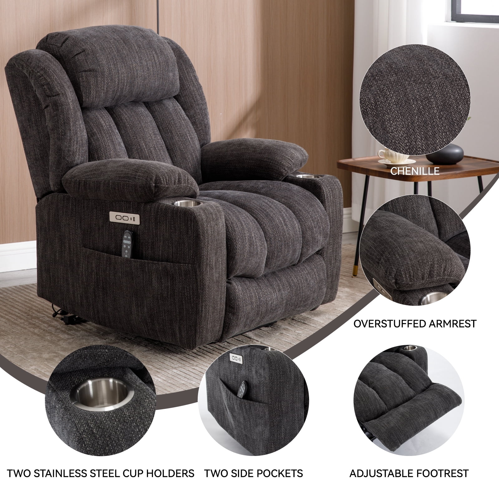 Alvantor Power Lift Recliner Chair for Elderly with Massage and Heat, Chenille Recliners Chair with USB Ports & Cup Holders Drak Brown