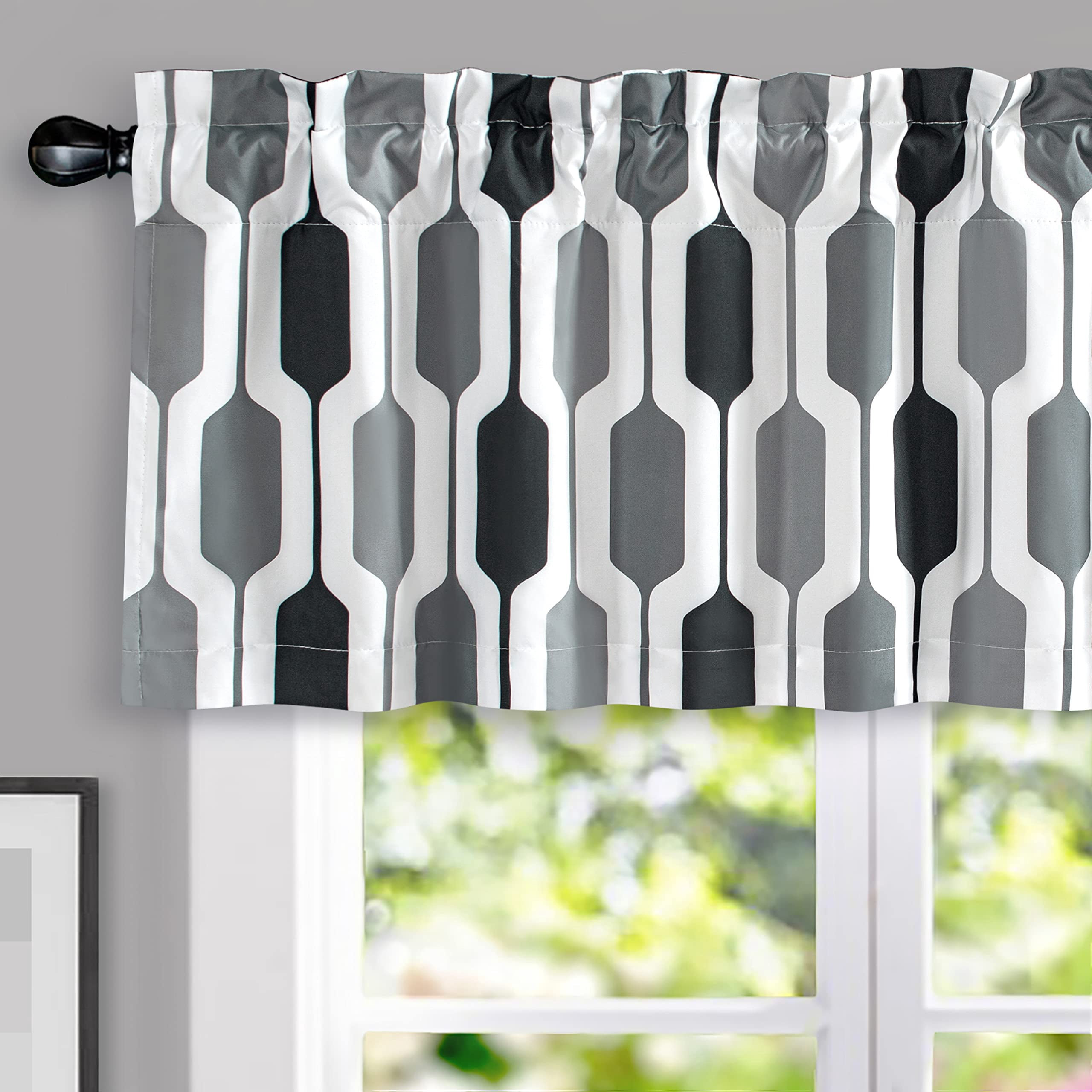 DriftAway Riley Geo Lined Window Curtain Valance Mid Century Geometric Blocked Pattern 2 Layers Rod Pocket, 52" x 18" Plus 2", Black and White Gray