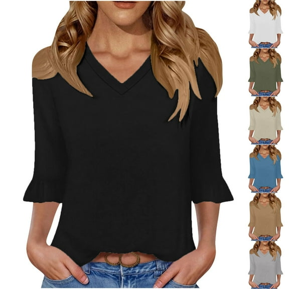 Women's Quarter Sleeve V Neck Top T-Shirts Blouses Solid Color Casual Daily Wear Vacation Beach Travel Fashion Essential Gift for Women | Aestivo,Army Green L