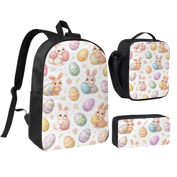 Cute Bunny Easter Egg Pattern Backpack Set 3pc ，Backpack with Lunch Bag and Bag 17 Inch