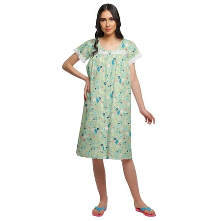 

Moomaya Printed Cotton Lace Border Sleepwear Women Short Sleeve Nightdress