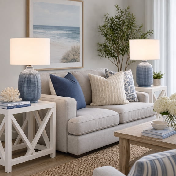Coastal Ceramic Table Lamp for Bedroom Decor - Decorative Home Accent for Living Room, Office Desk, and Entryway - Side Table Lamp for Nightstand and Bedside - Set of 2, 18", Blue