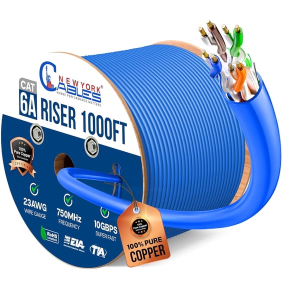 NewYork Cables Cat6a Riser Cable 1000ft Certified 100% Solid Bare Copper Ethernet Cable CMR, 23AWG, 750MHz, PoE++ UTP 10GB