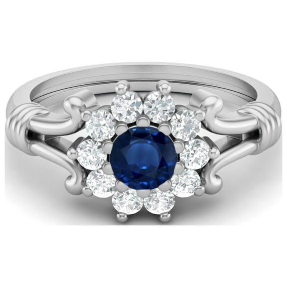 4.5MM Round Shape Blue Sapphire 925 Silver Cluster Women Valentines Day Gifts Ring