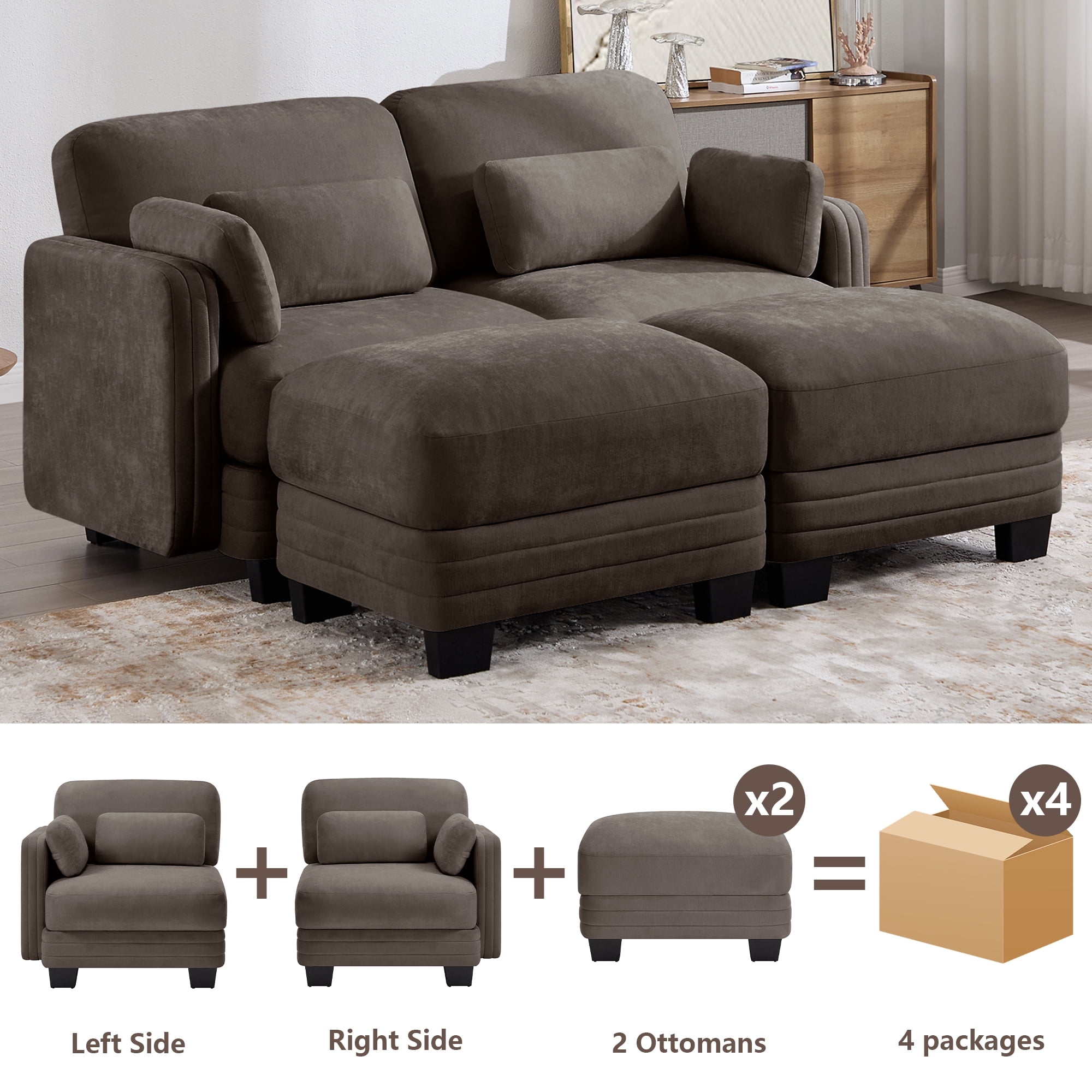 70" Modern Modular 2 Seater Loveseat Sofa Couch with 2 Ottoman and 4 Pillows