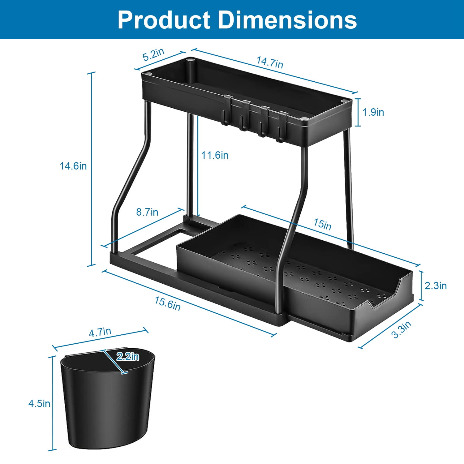 2 Pack 2-Tier Under Sink Organizer and Storage Sliding Cabinet Organizers Storage Shelves with 8 Removable Hooks 2 Hanging Cups for Bathroom Kitchen Office