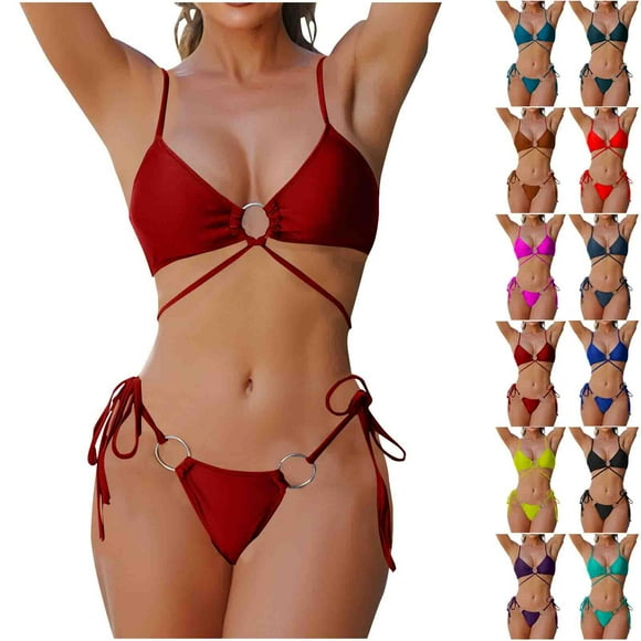 Jinhomg Women's Two Piece Swimsuits 2025 Trendy O-Ring Strappy Triangle Bathing Suits Cheeky Backless Side Tie Bottoms 2 Piece Beach Swimwear Sales Today Red XL