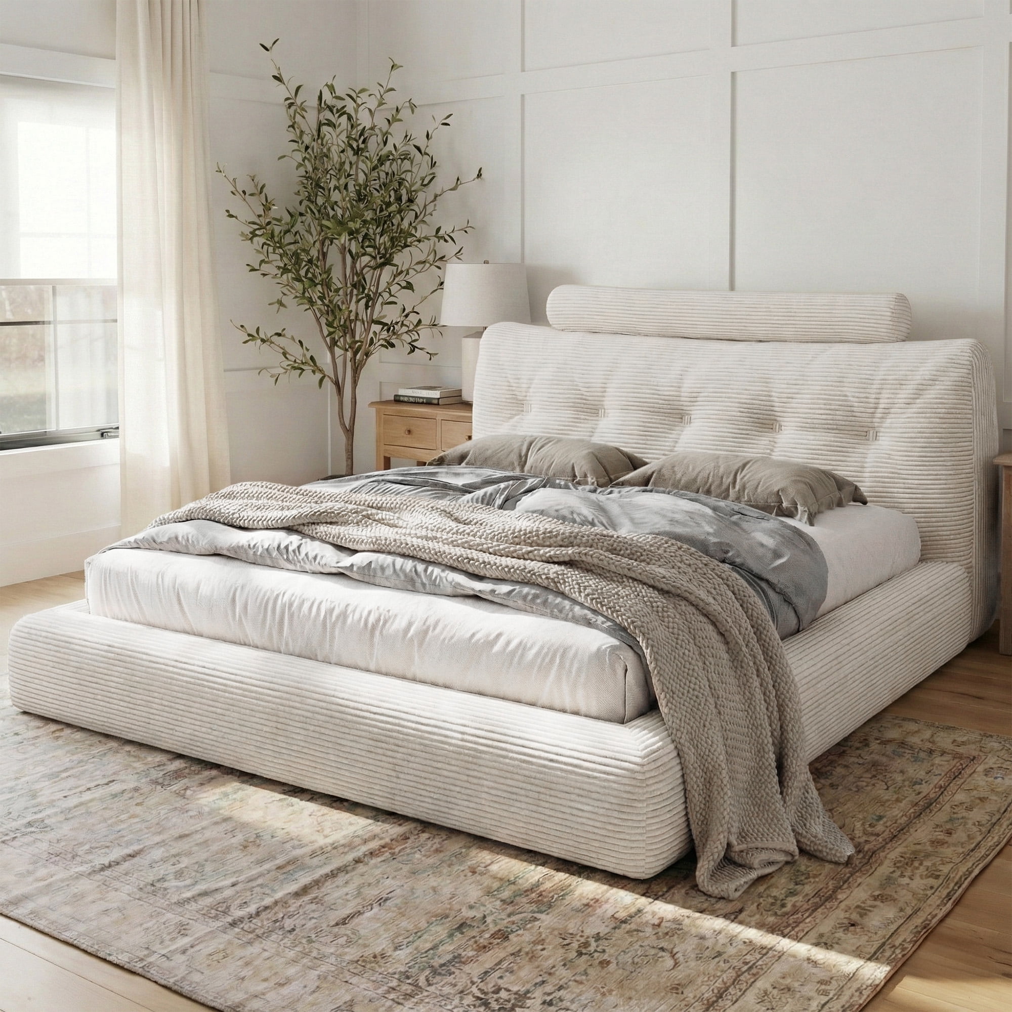 EnHomee Cloud Bed Frame Queen Size Boucle Platform Bed Frame with Button Design  Upholstered  Headboard & Round Corner & Extra Pillow,Beige