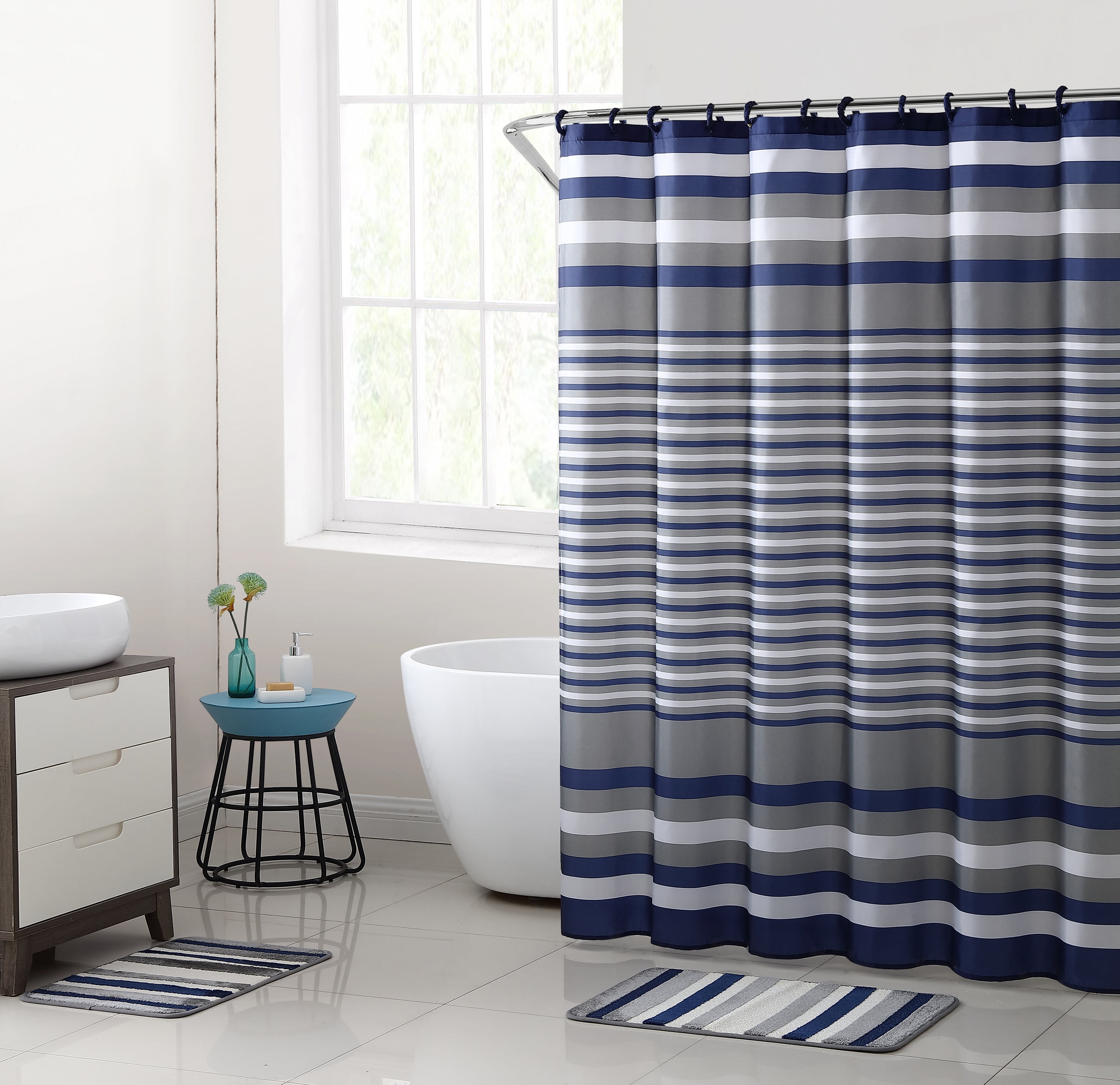 Mainstays Blue Berkshire Stripe 15 Piece 70x70 Microfiber Shower 