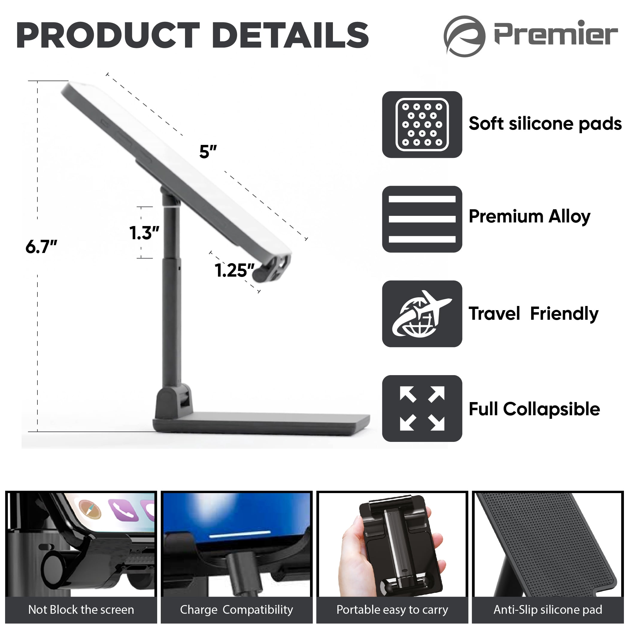 Premier Desktop Tablet and Mobile Phone Stand, Portable, Easy to Adjust, Foldable, Black