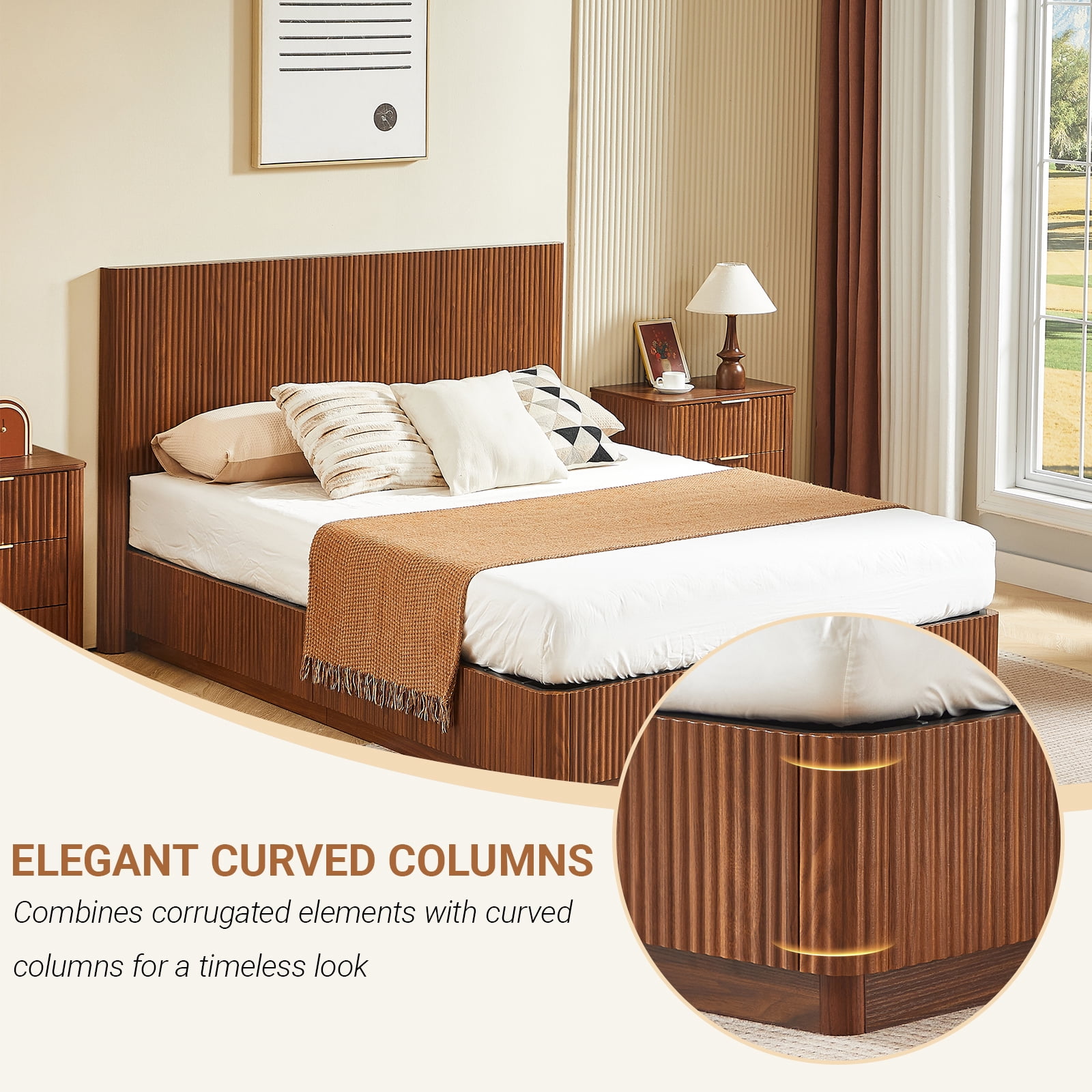Queen Size Bed Frame with LED Lights, Modern Wooden Corrugated Curved Lines, Convex Groove Board Design