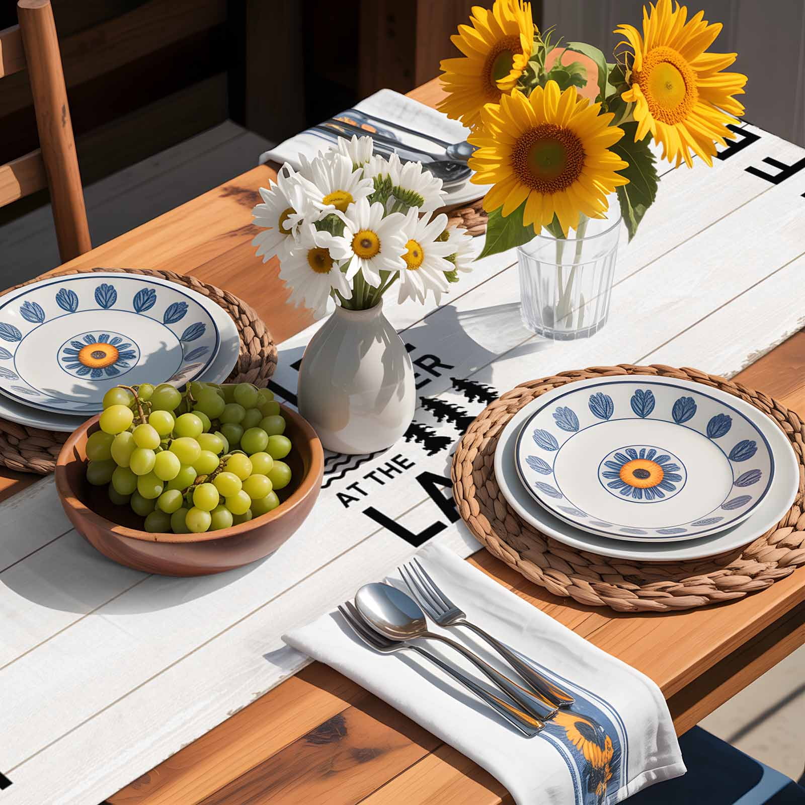 Summer Quotes Lake and Forest Table Runner 90 Inches Long, Farm Wooden Frain Table Runners Tabletop Scarf Kitchen Dining Tables Decoration for Home Party Indoor Outdoor