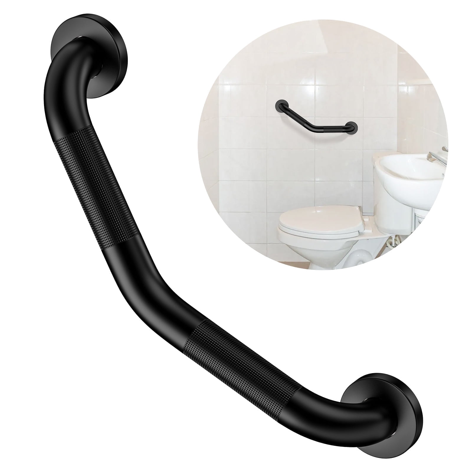 16 Inch Angled Shower Grab Bar, ZUEXT Anti Slip Matte Black Bathroom Grab Bar, Knurled Bathroom Balance Bar,Safety Hand Rail Support Handicap Elderly Injury Senior Assist Bath Handle