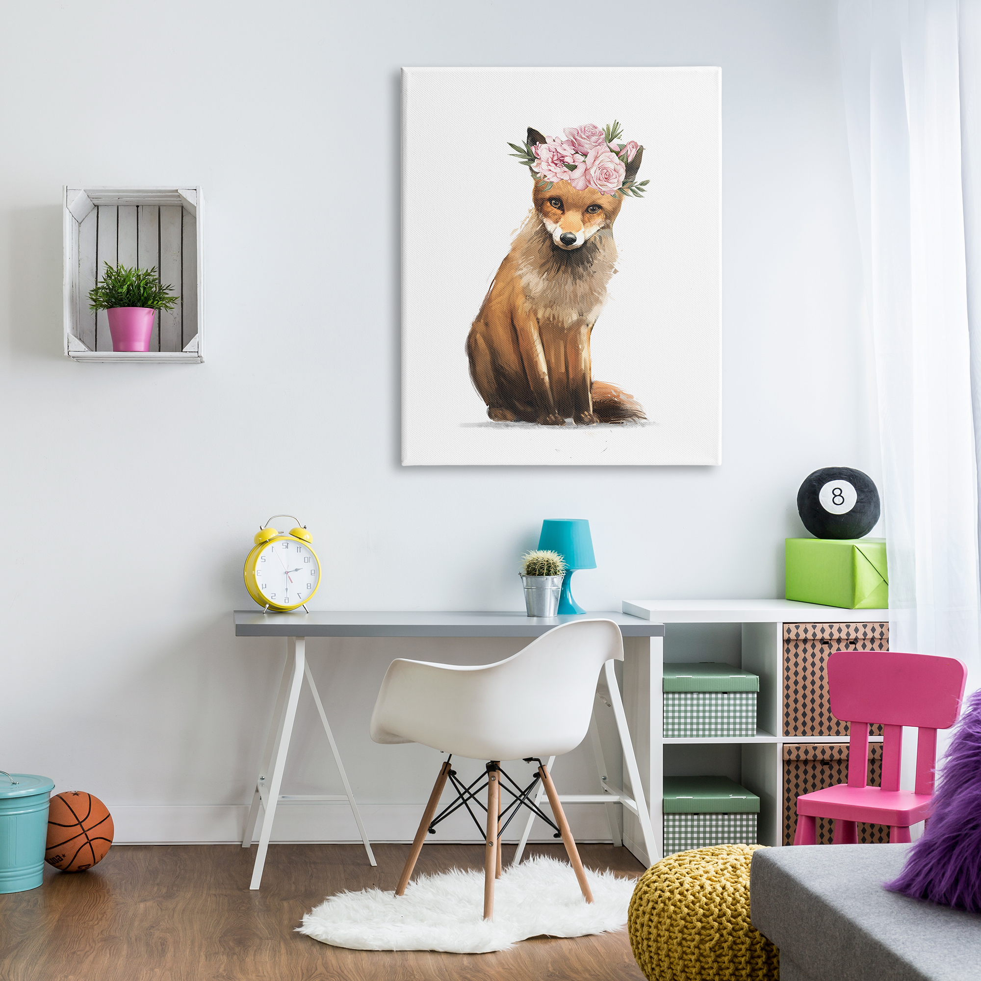 Stupell Industries Precious Pink Floral Crown Fox Forest Animal, 36 x 48, Designed by Ziwei Li