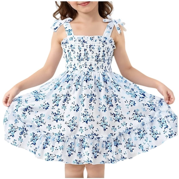 Cethrio Girls Slip Dresses, Casual Party Printed Sleeveless Kids Summer Dresses Light Blue Size 6-7 T