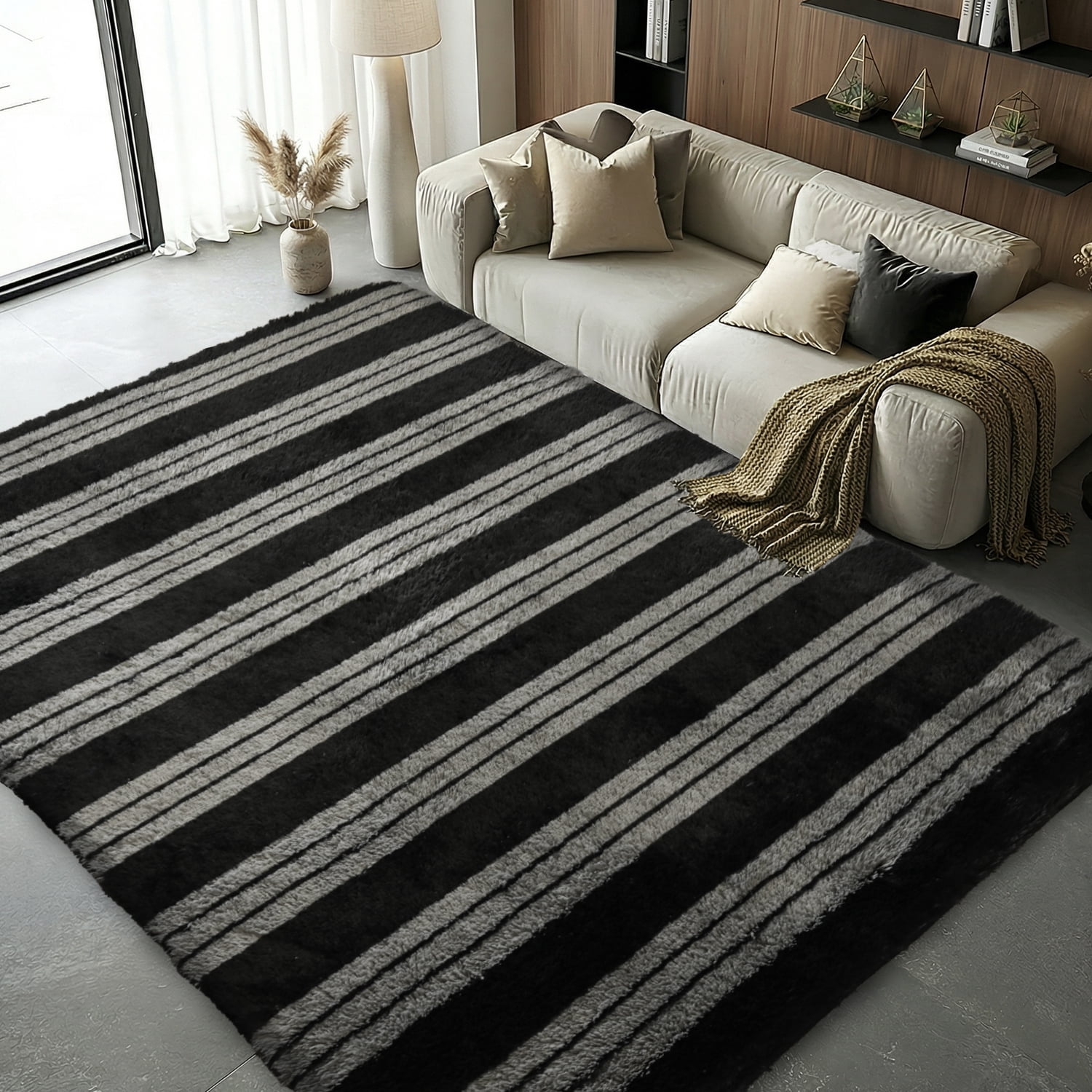 Pentantan 8ft x 10ft Shag Area Rugs for Living Room, Modern Stripe Fluffy Bedroom Carpet, Black & Gray