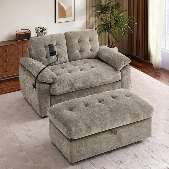 GNIXUU 69" Chenille Chaise Lounge Chair with Storage Ottoman & USB Charging, Oversized Adjustable Recliner Sofa Bed with Phone Holder, Brown