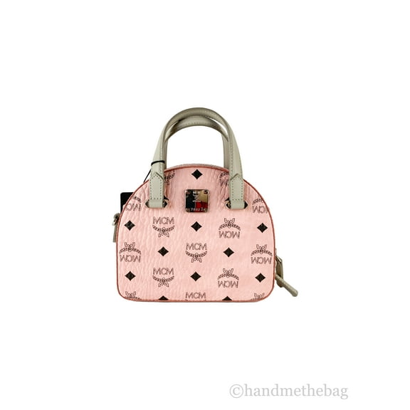 MCM Signature Soft Pink Diamond Logo Leather Mini Round Top Tote Crossbody Bag